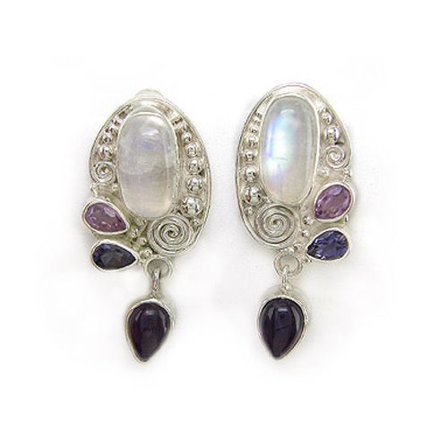 Rainbow Moonstone, Amethyst & Iolite Clip Earrings - Offerings Jewelry ...