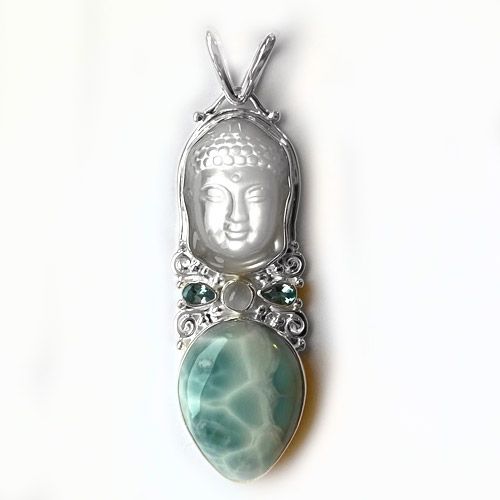 Mother of Pearl Buddha Pendant with Larimar, Apatite, and Moonstone ...