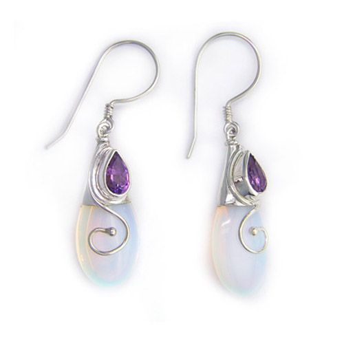 Sajen Opalite Amethyst  Drop/Dangle Earrings Sterling Silver .925 Sea Opal
