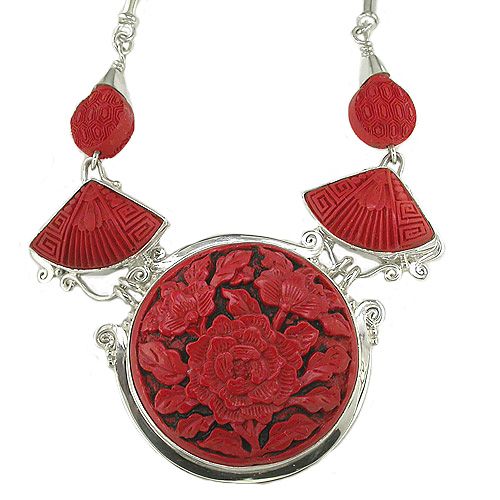 Sterling Silver Black and Red Cinnabar Rose Necklace - Offerings ...
