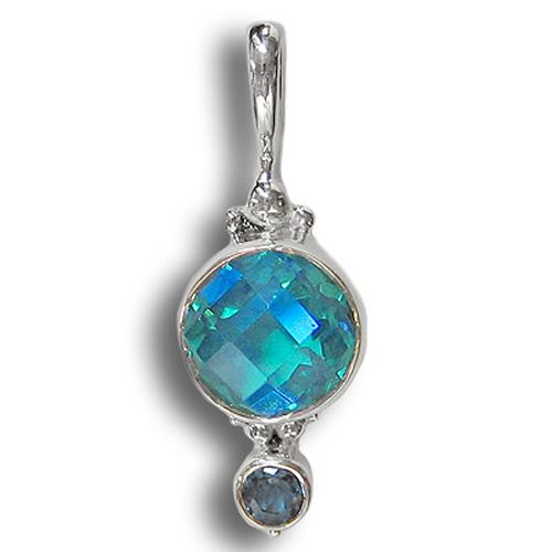 Rainbow Teal Quartz Pendant with Blue Topaz - Offerings Jewelry by Sajen