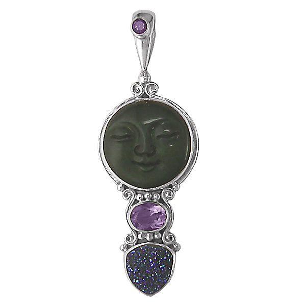 Obsidian Moon Goddess Pendant with Druzy - Offerings Jewelry by Sajen
