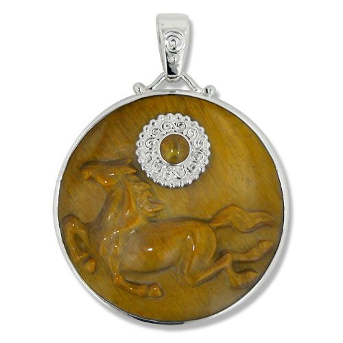 Tiger Eye Horse Pendant with Amber - Offerings Jewelry by Sajen