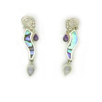 Sterling Silver Paua Shell Clip Earrings with Amethyst and Rainbow Moonstone