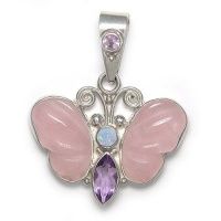 Butterfly Pendant with Rose Quartz Wings, Amethyst & Opal Doublet