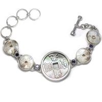 Mother of Pearl Carved Chinese Coin Bracelet with Iolite