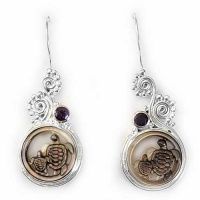 Grey Mother of Pearl Mother and Baby Turtle Earrings with Amethyst
