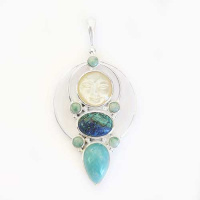 Mother of Pearl Goddess Pendant with Amazonite, Azurite, and Turquoise
