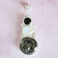 Hematite Cat pendant with Onyx, Rainbow Moonstone, and Smoky Quartz