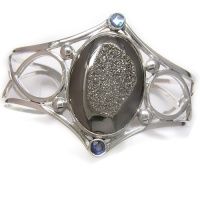 Black Diamond Window Druzy Cuff Bracelet with Rainbow Iris Quartz