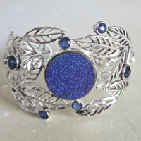 Blue Druzy Cuff Bracelet with Celestial Blue Quartz and Sterling Silver Leaf Design