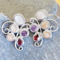 Sterling Silver Moonstone Post Earrings with Amethyst, Garnet, and Peach Moonstone