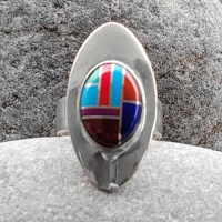 Sterling Silver One of a Kind Inlaid Lapis Multi Gemstone Ring Size 6