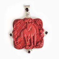 Sterling Silver Cinnabar Horse Pendant with Garnet and Moonstone
