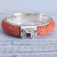 Wide Sterling Silver Red Cinnabar Bangle with Garnet