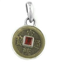 "Good Luck" Chinese Coin and Garnet Silver Pendant