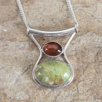 Gaspeite and Amber Pendant with Chain