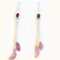 Sterling Silver Pink Tourmaline Leaf Dangle Earrings with Ruby