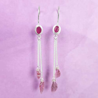 Sterling Silver Pink Tourmaline Leaf Dangle Earrings with Ruby