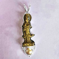 Hand Carved Tiger Eye Kuan Yin Pendant with Pink Pearl