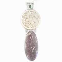 Lepidolite, Mother of Pearl Dragon and Emerald Pendant