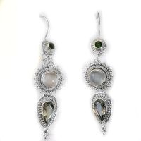 Chrome Diopside, Moonstone, and Green Amethyst Latch-Back Earrings