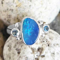 Free-Form Boulder Opal Ring with Blue Topaz