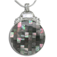 Sterling Silver Black Mother of Pearl Mosaic & White Pearl Pendant