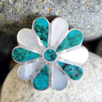 Peruvian Turquoise (Chrysocolla) and Mother of Pearl Flower Ring Size 8