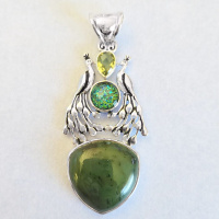 One of a Kind Sterling Silver Peacock Pendant with Lemon Lime Colored Quartz, Created Opal Quartz, and Nephrite Jade