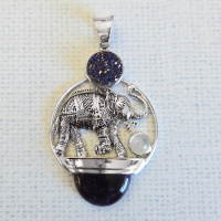 One of a Kind Elephant Pendant with Druzy, Amethyst, and Rainbow Moonstone 