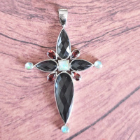 One of a Kind Sterling Silver Black Titanium Backed Quartz Cross Pendant