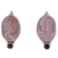 Pink Mother of Pearl Shell Cameo Earrings with Garnet