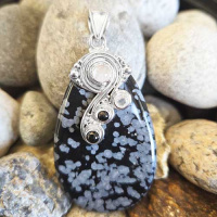 Snowflake Obsidian Pendant with Rainbow Moonstone and Black Star Diopside