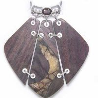 Wood and Garnet Pendant with Coral Inlay with Chain