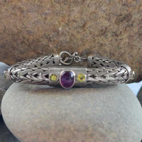 Silver “Naga” Chain Bracelet with Amethyst and Peridot 7.25"