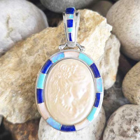 White Mabe Cameo, Turquoise, Created Opal, Lapis & Pink Shell Inlay Pendant