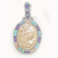 White Mabe Cameo, Turquoise, Created Opal, Lapis & Pink Shell Inlay Pendant