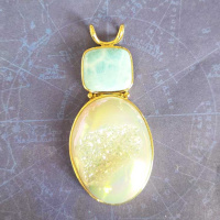 18K GOLD Larimar and Opalized Window Druzy Pendant