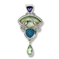 Abalone Shell, Green Amethyst, Caribbean Druzy and Iolite Pendant