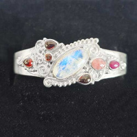 Rainbow Moonstone Garnet Silver Cuff Bracelet