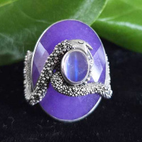 Faceted Lavender Aventurine ("Purple Jade") Ring with Silver Serpent and Titanium Backed Moonstone