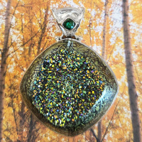 Enamel Printed Forest Window Druzy Pendant with Green Quartz