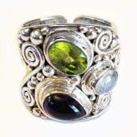 Wide Band Sterling Silver Ring with Peridot, Amethyst, and Rainbow Moonstone