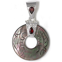 Carved Black Mother of Pearl Pendant with Garnet