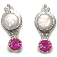 Pink Topaz and White Pearl Post Earrings
