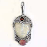 Mother of Pearl Goddess Pendant with Garnet and Rhodocrosite