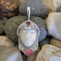 Mother of Pearl Goddess Pendant with Garnet and Rhodocrosite