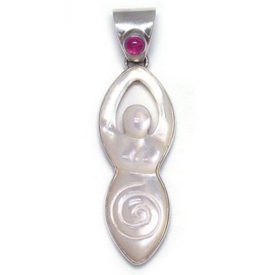 Mother of Pearl Goddess and Pink Tourmaline Pendant