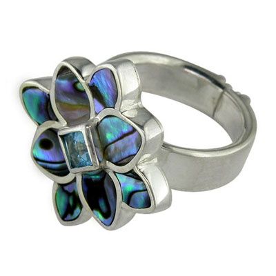 Paua Shell and Topaz  Silver Ring